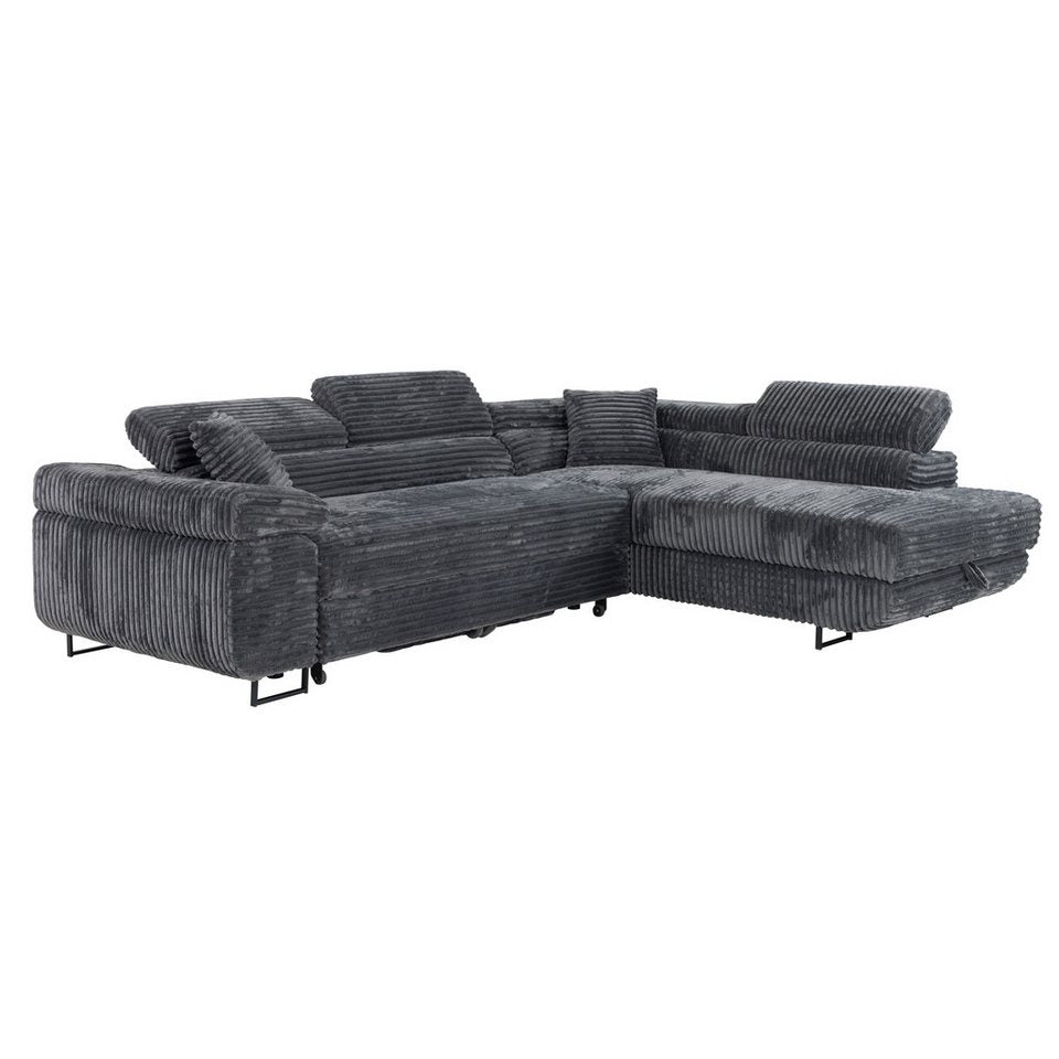 Graues Cord Ecksofa MIAMI TILIA mit Ottomane und Bettkasten