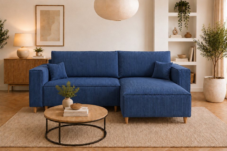 Cord Ecksofa RIO in Blau mit Ottomane