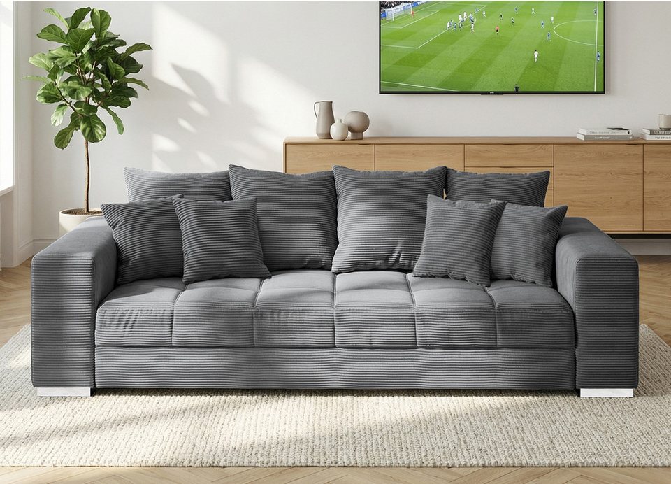 Graues Big Sofa BORNEO aus Cord mit Kissen Set