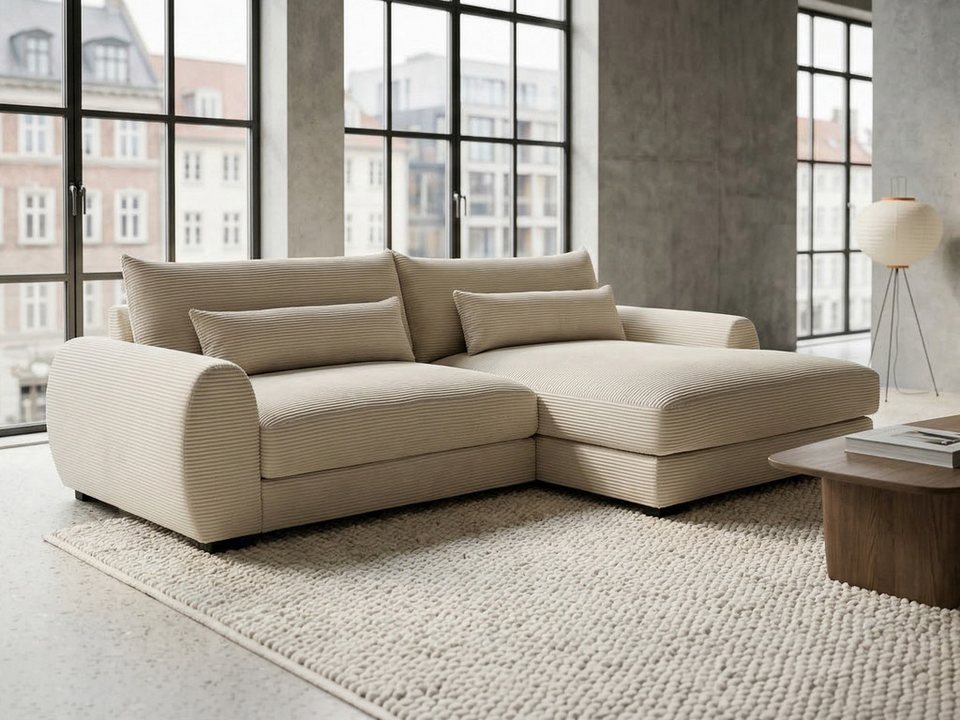 Cord Ecksofa MARK 265 cm in Creme mit Ottomane rechts