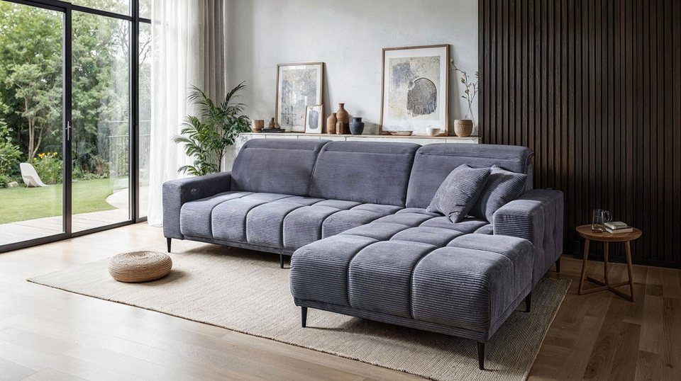 Cord Ecksofa MARISOL 286 cm in Grau mit Ottomane rechts
