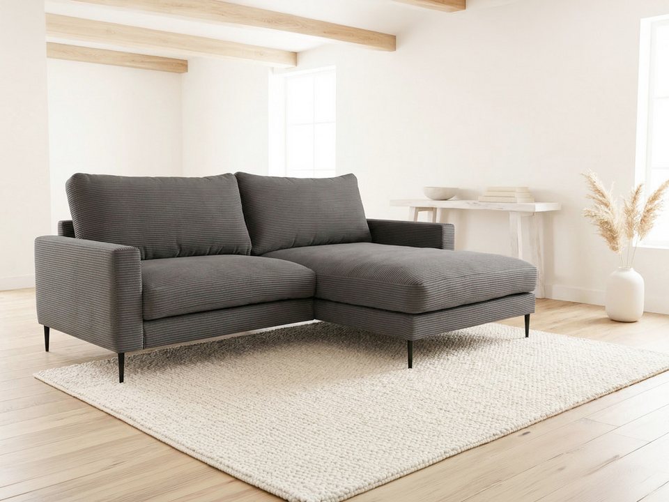 Cord Ecksofa NORDVIK in Grau mit Ottomane rechts