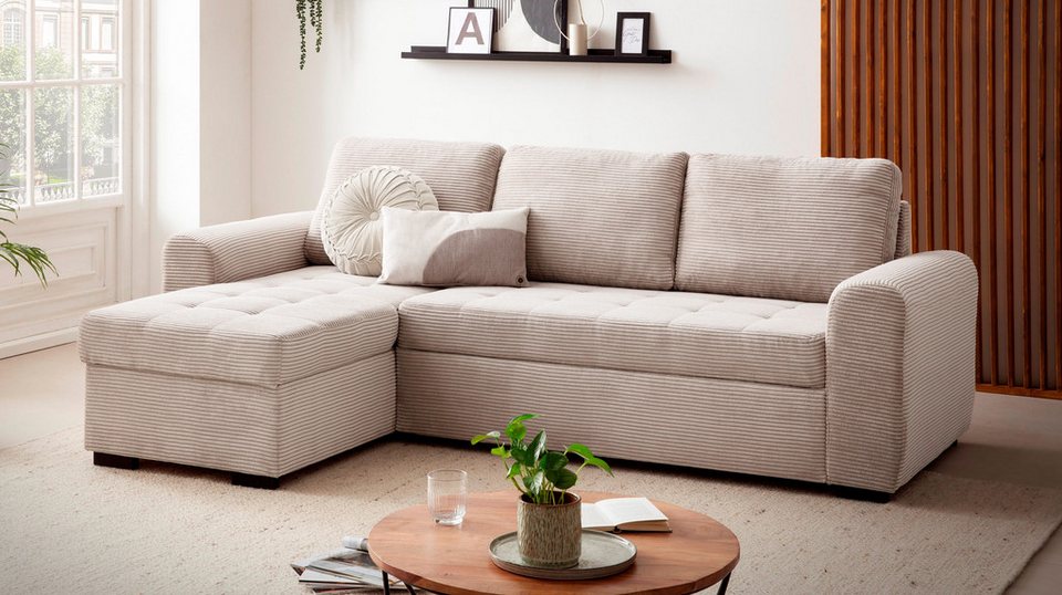 Cord Ecksofa POLL 243 cm in Beige mit Schlaffunktion und Bettkasten