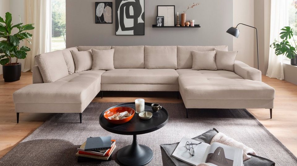 Cord Wohnlandschaft SUMMER in Beige mit Ottomane rechts