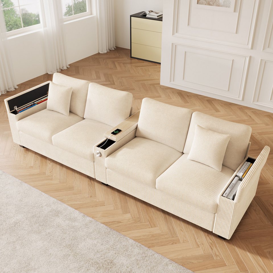 Cord Sofa MERAX 4-Sitzer in Beige mit klappbarer Mittelarmlehne