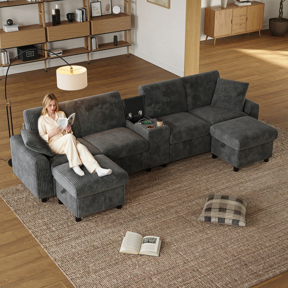 Cord Wohnlandschaft in U-Form in Grau mit zwei Hockern