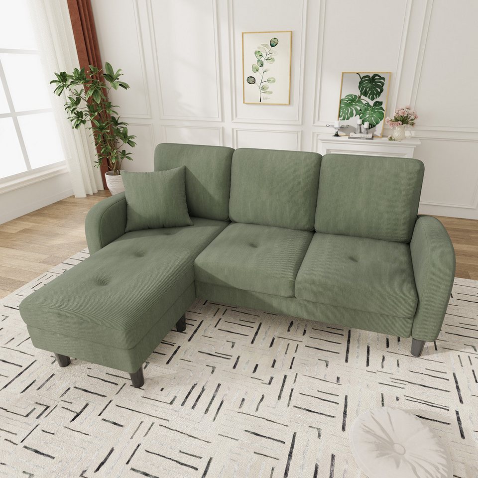 Grünes Cord Ecksofa MERAX in L-Form mit Chaiselongue