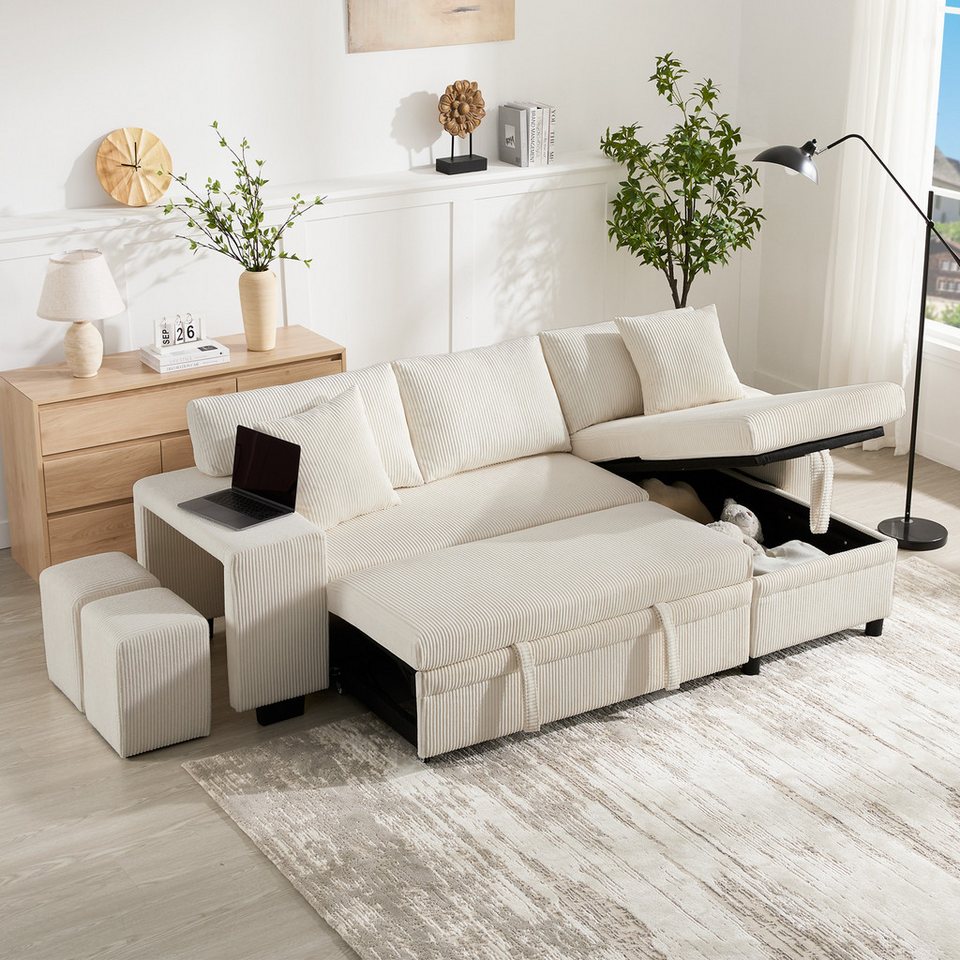Cord Ecksofa MERAX 231 cm in Beige mit Schlaffunktion