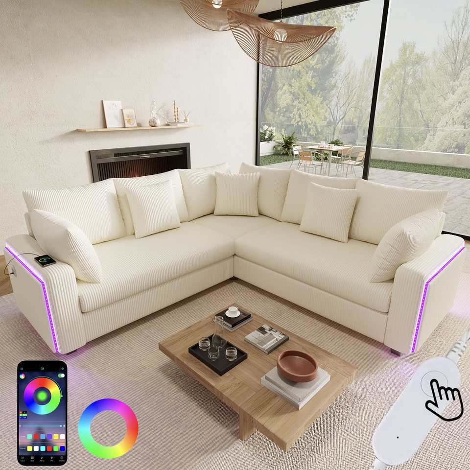 Cord Ecksofa in Beige mit LED-Beleuchtung in den Armlehnen