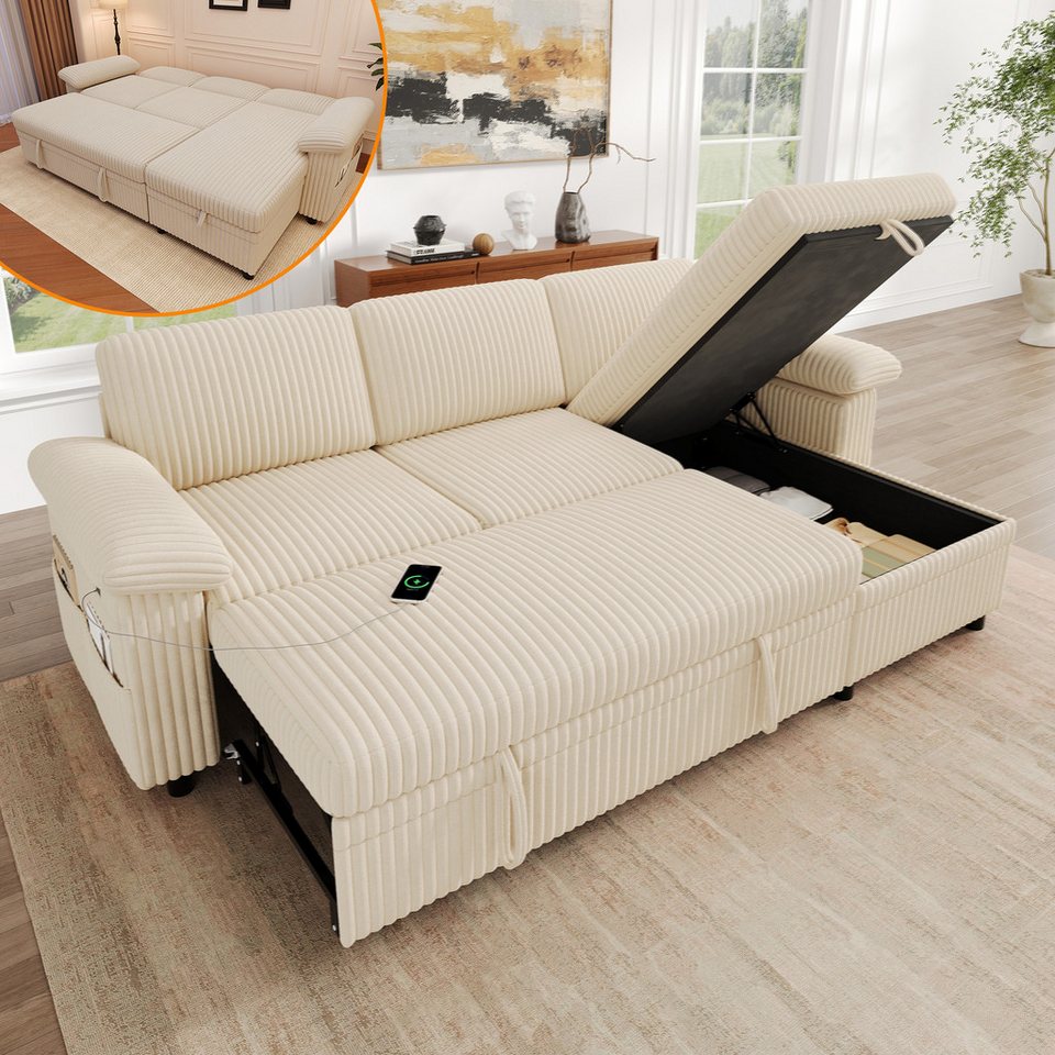 Cord Ecksofa 212 cm in Beige mit Stauraum-Ottomane