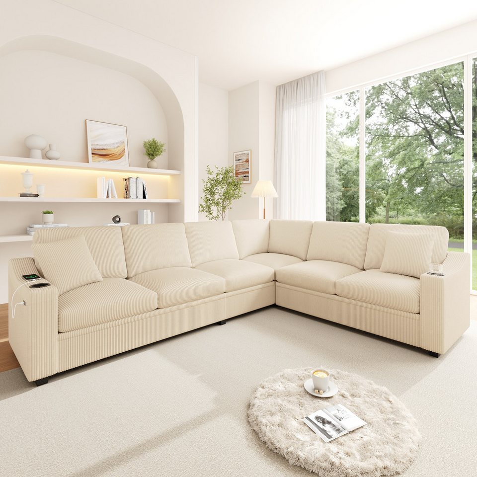 Modulares Cord Ecksofa in L-Form 277 cm in Beige mit USB-Anschluss