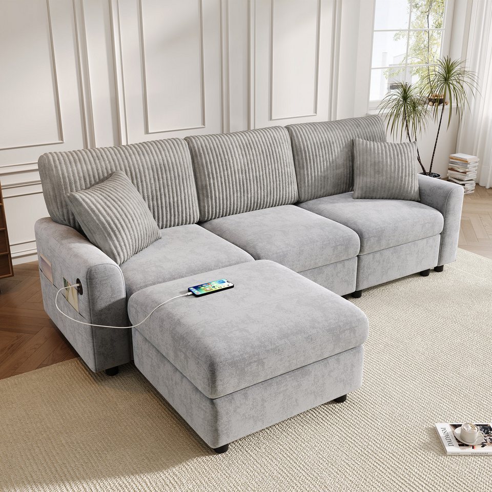 Cord Ecksofa MERAX 223 cm in Grau mit Hocker
