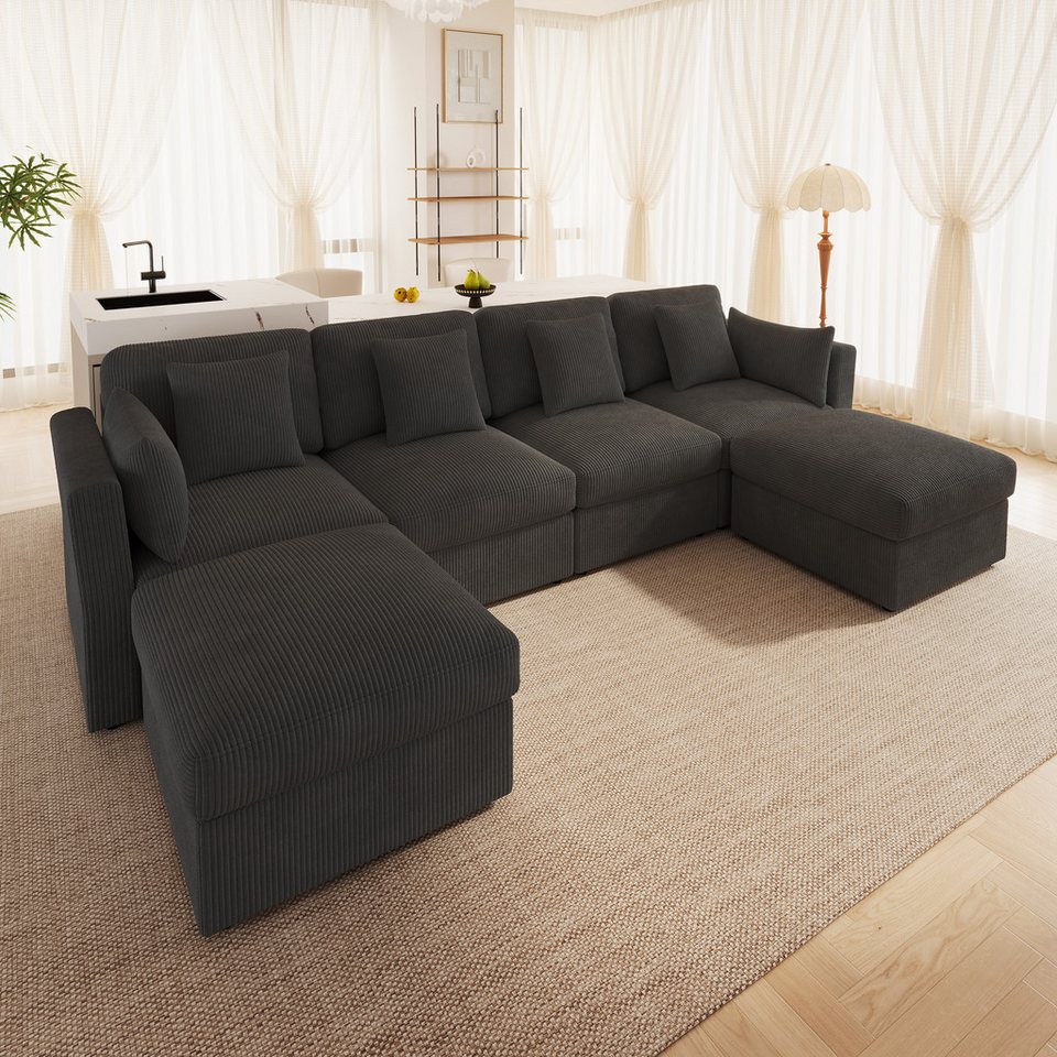 Cord Wohnlandschaft in U-Form in Grau mit zwei Hockern