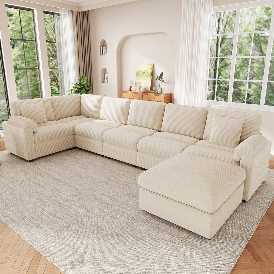 Beige Cord Wohnlandschaft in U-Form mit Hocker