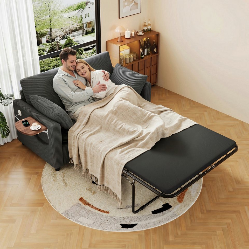 Cord Schlafsofa in Grau mit Klapptisch und Seitentaschen