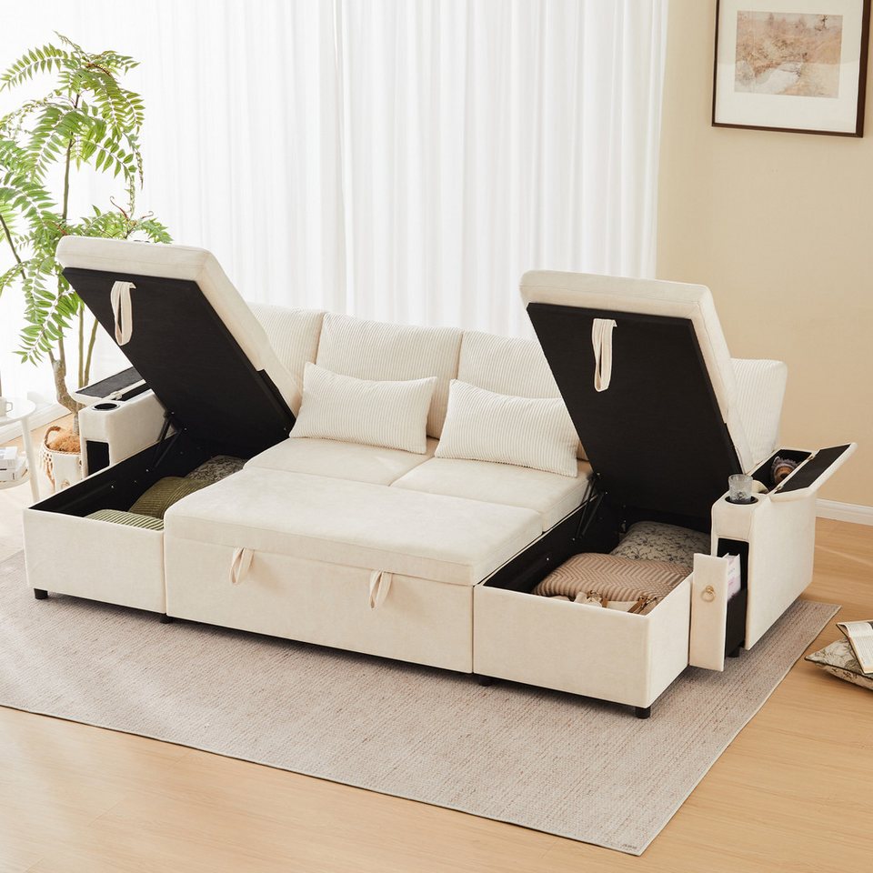 Beige Cord Wohnlandschaft in U-Form mit Schlaffunktion und Getränkehaltern