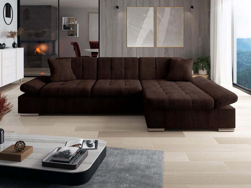 Cord Ecksofa MONTANA in Braun mit regulierbaren Armlehnen