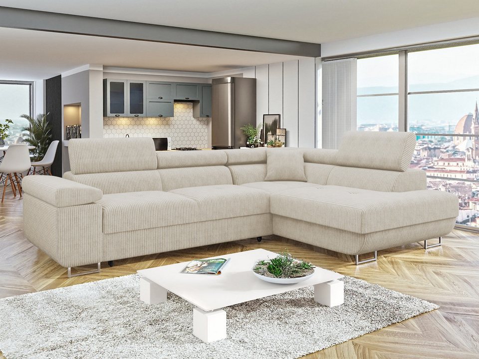 Cord Ecksofa TOREZIO in Beige mit einstellbaren Kopfstützen