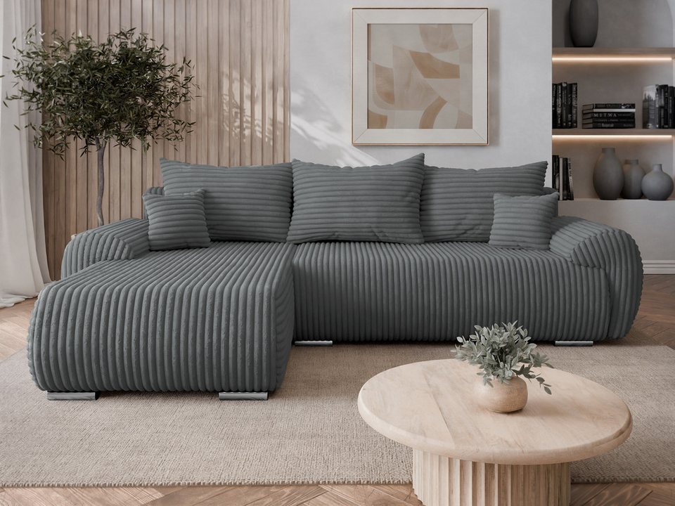 Cord Ecksofa UBO L mit Schlaffunktion und Kissen-Set
