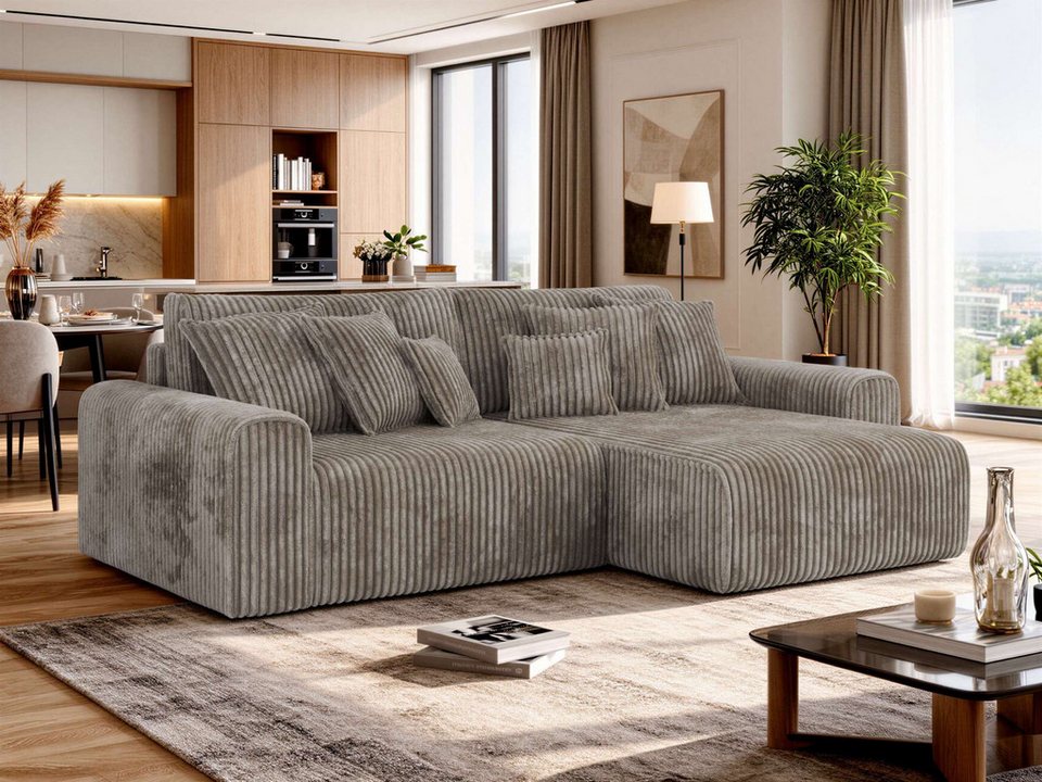 Cord Ecksofa ELARA L in Hellbraun mit losen Kissen
