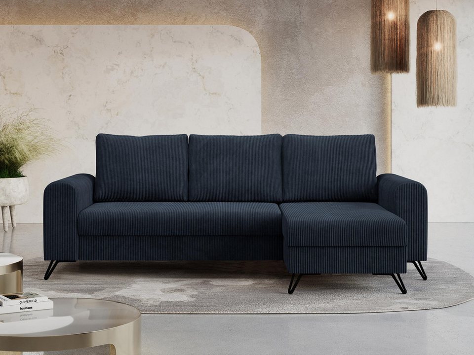Cord Ecksofa HUGO 242 cm in Dunkelblau ausgeklappte Liegefläche