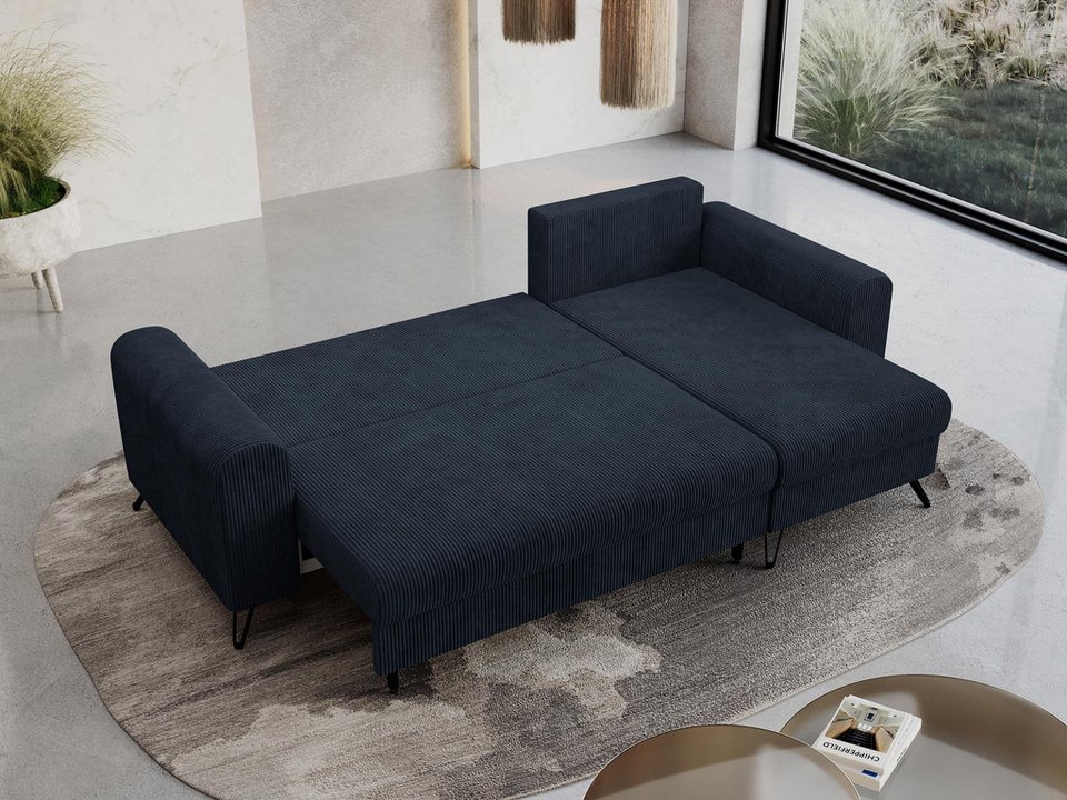 Cord Ecksofa HUGO 242 cm in Dunkelblau Detail des Cordbezugs