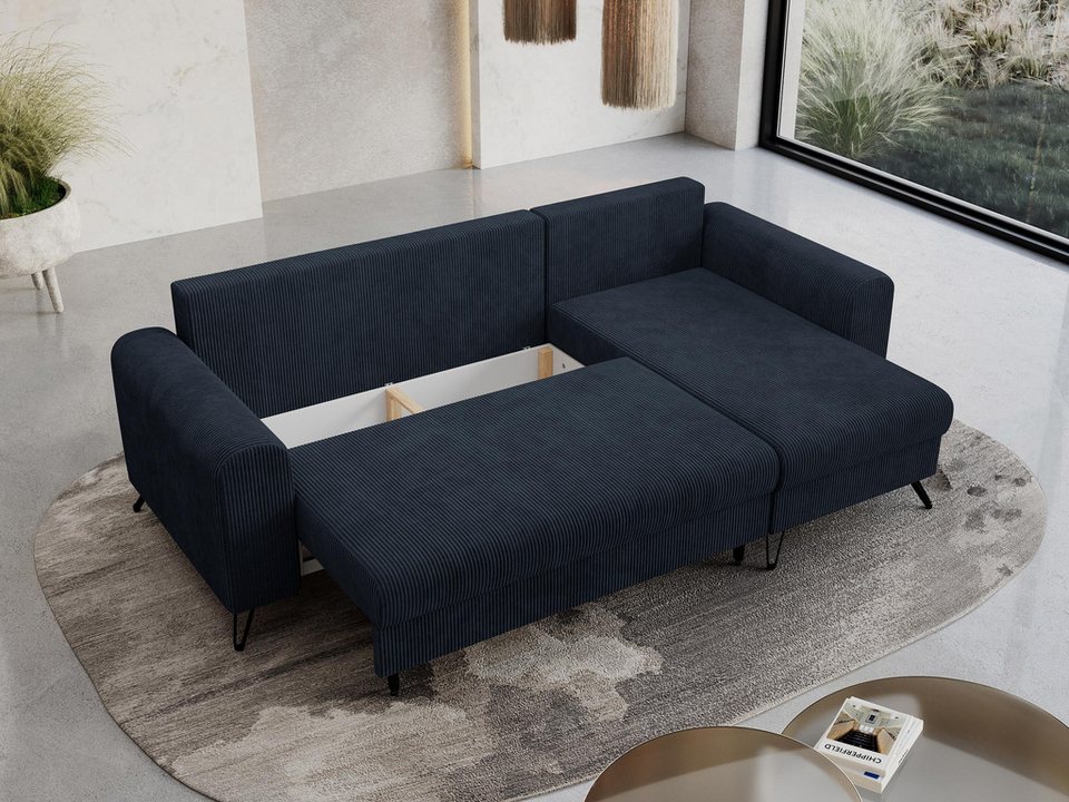 Cord Ecksofa HUGO 242 cm in Dunkelblau geöffneter Bettkasten