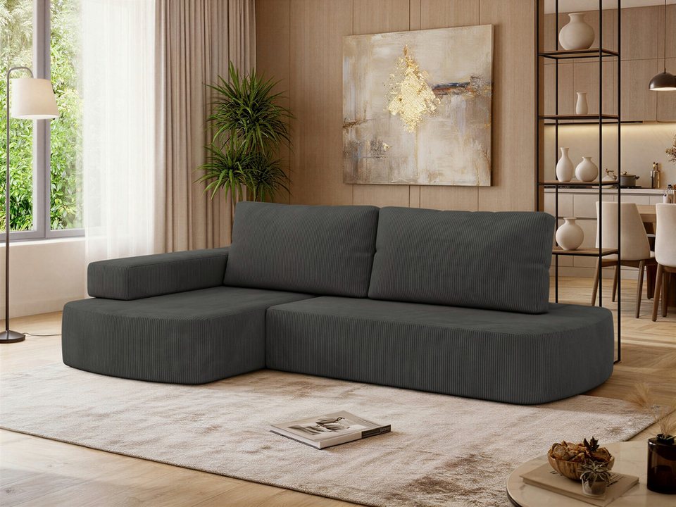 Cord Ecksofa LIRENA L 260 cm in Dunkelgrau mit Ottomane