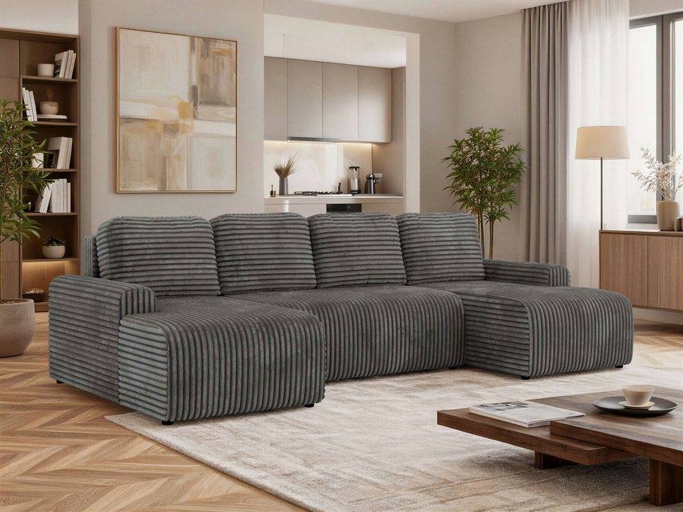 Cord Wohnlandschaft NESSARO U 312 cm in Grau in U-Form