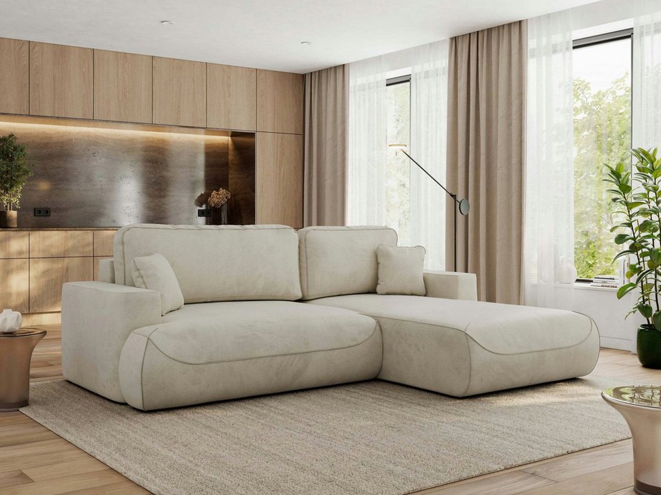 Cord Ecksofa OVO L in Beige mit Schlaffunktion und Bettkasten