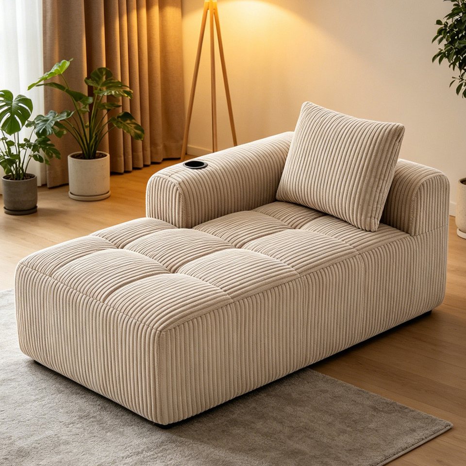 Cord Kompaktsofa in Khaki mit Getränkehalter