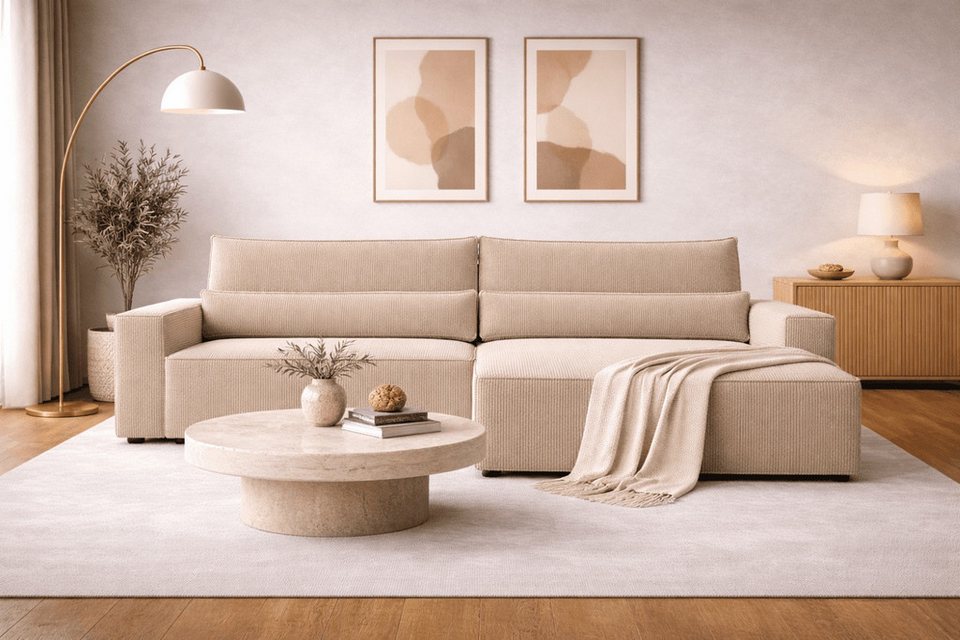 Cord Ecksofa BRAZILIA in Dunkelbeige mit Ottomane und Schlaffunktion