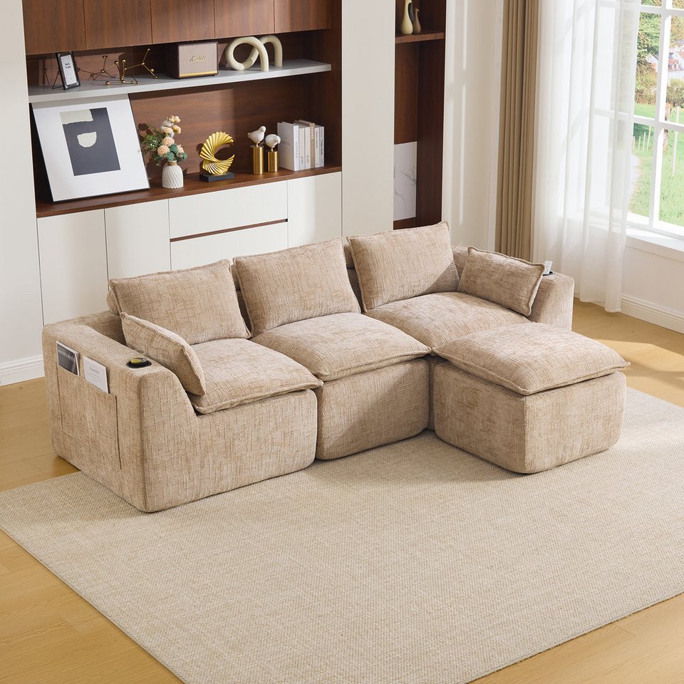 Modulares Cord Ecksofa ODIKALO 256 cm in Khaki mit Fußhocker