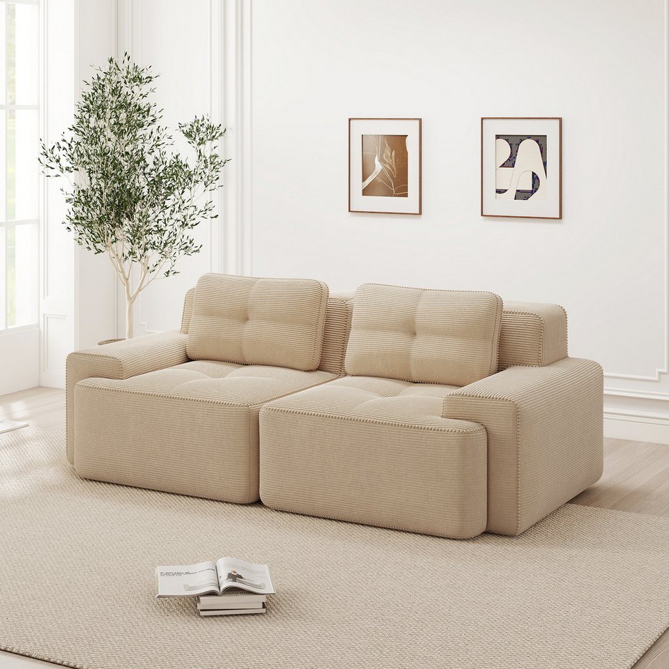 Modulares Cord Sofa in Beige mit tiefer Sitzfläche