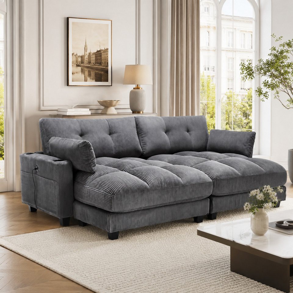 Cord Loungesofa in Grau mit Getränkehaltern und Seitentaschen