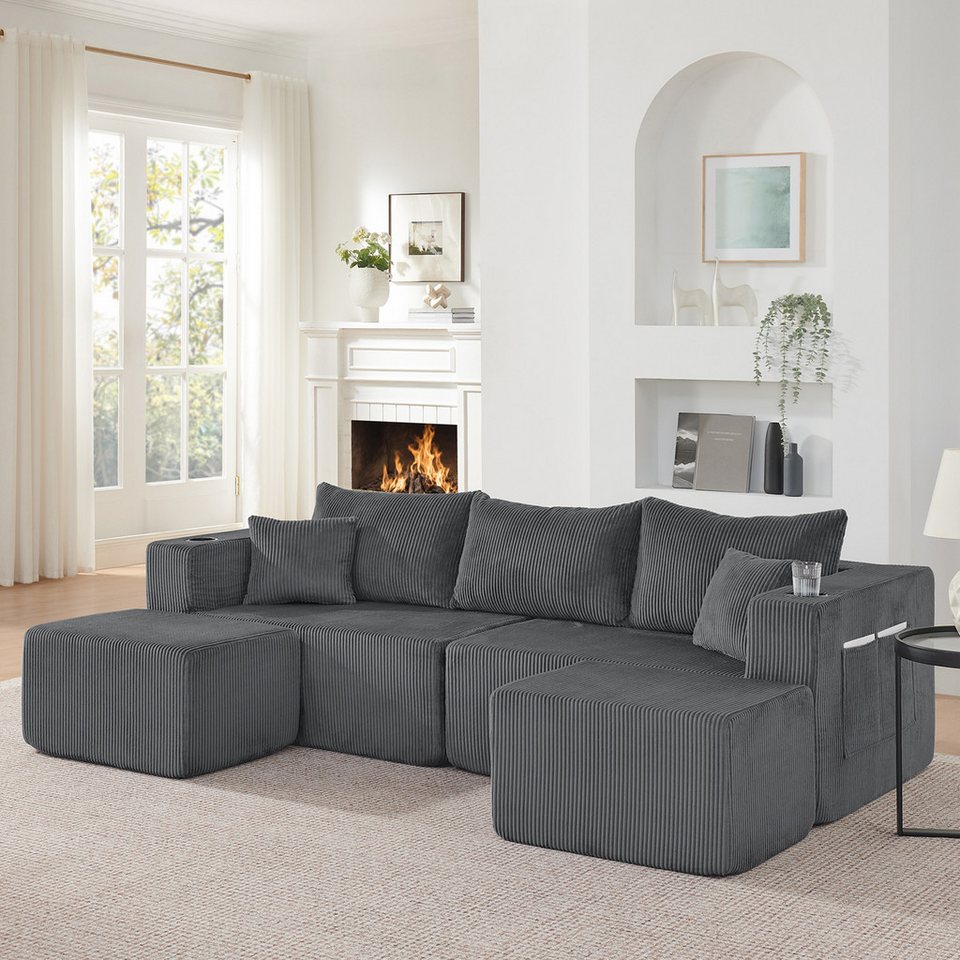 Modulares Cord Ecksofa in Grau mit beweglichen Ottomanen
