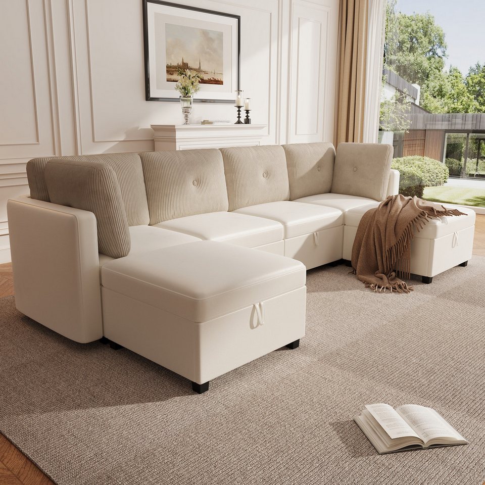 Modulares Cord Sofa in Beige in U-Form mit Stauraum