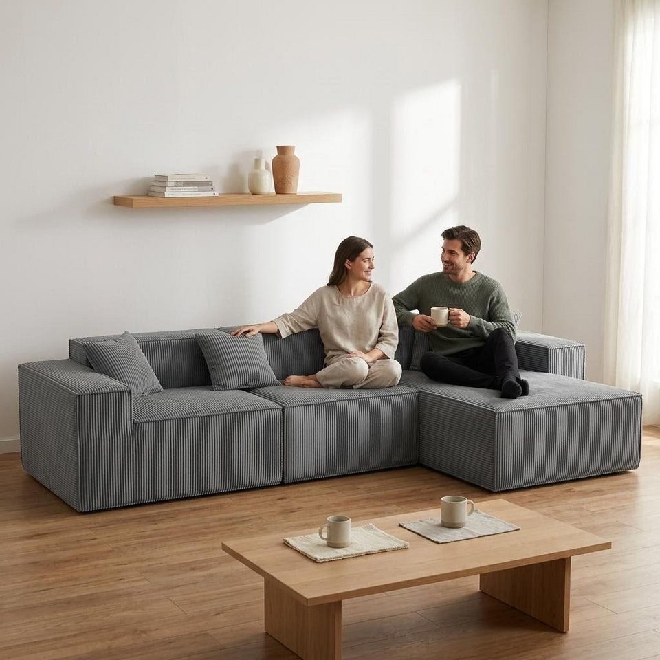 Modulares Cord Ecksofa CLOUD in Grau mit Schlaffunktion