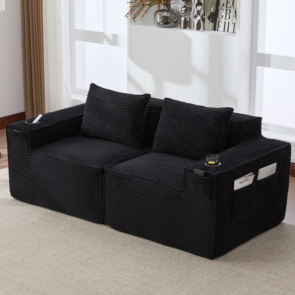 Modulares Cord Sofa 188 cm in Schwarz mit Getraenkehaltern