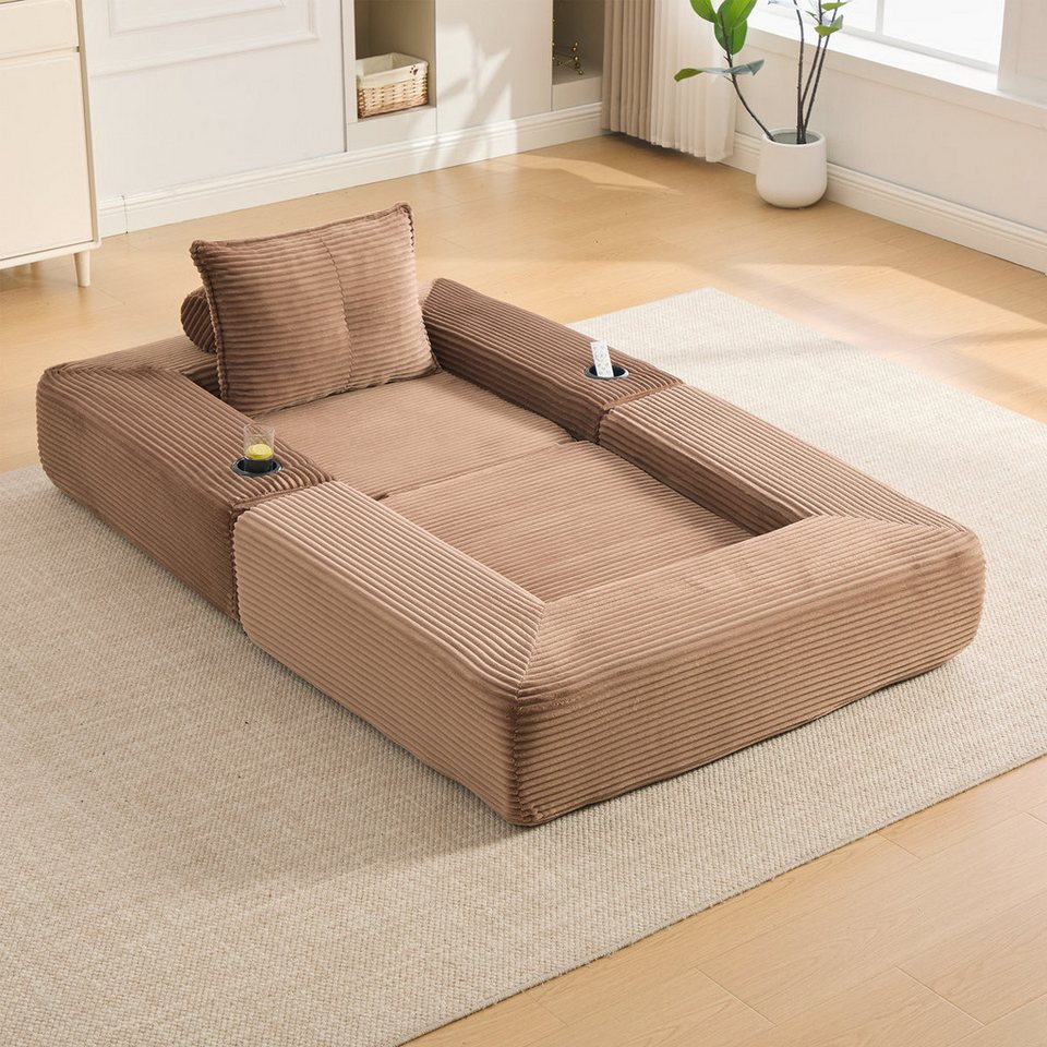 Klappbares Cord Schlafsofa in Khaki mit Getränkehalter