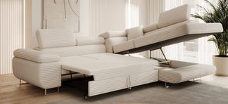 Cord Ecksofa ASTON mit Schlaffunktion und geöffnetem Bettkasten