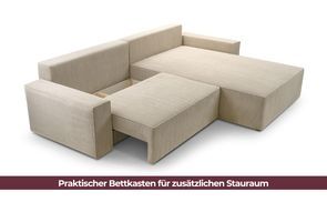 Geöffneter Bettkasten des Cord Ecksofas DENVER L