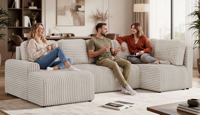 Beige Cord Wohnlandschaft NESSARO COR U im Wohnzimmer