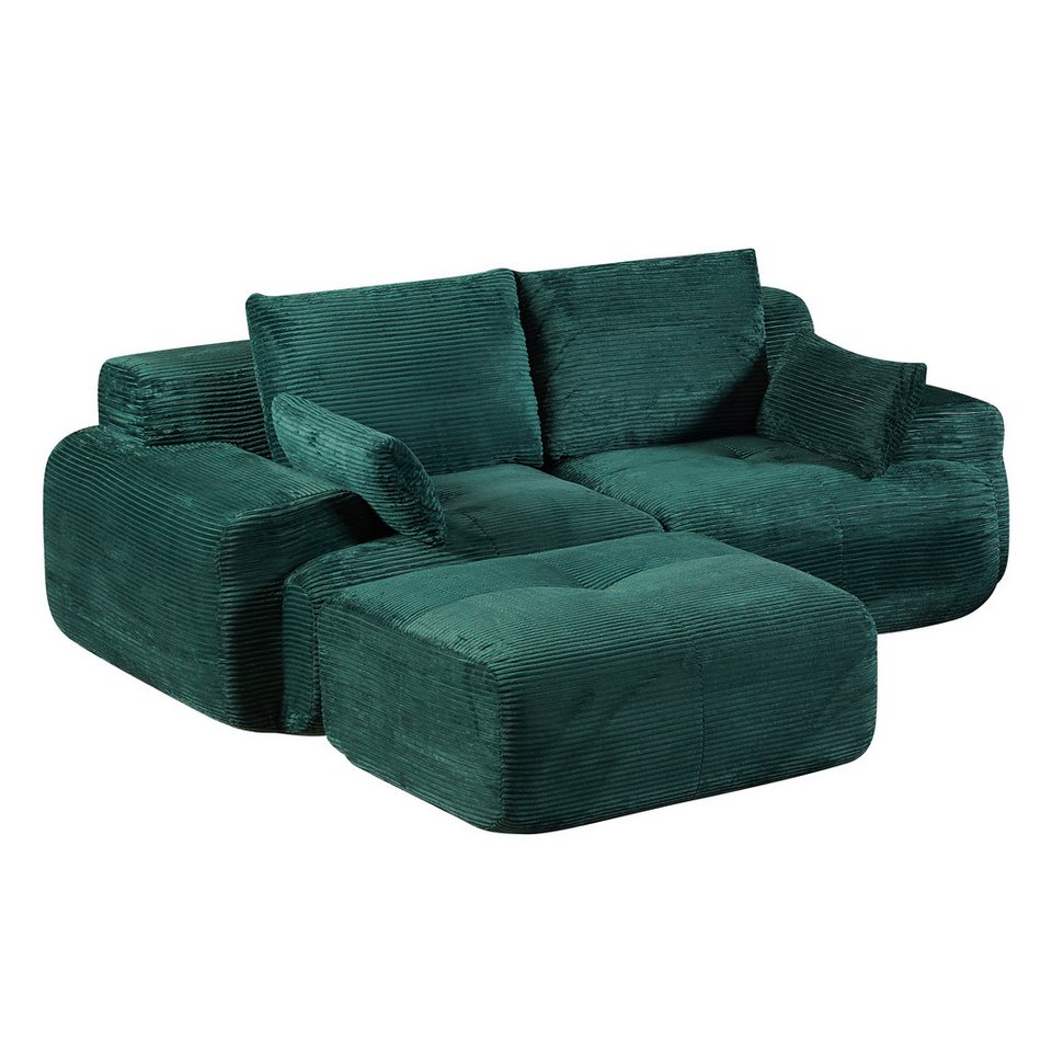 Modulares Cord Ecksofa in Grün mit Ottoman Hocker