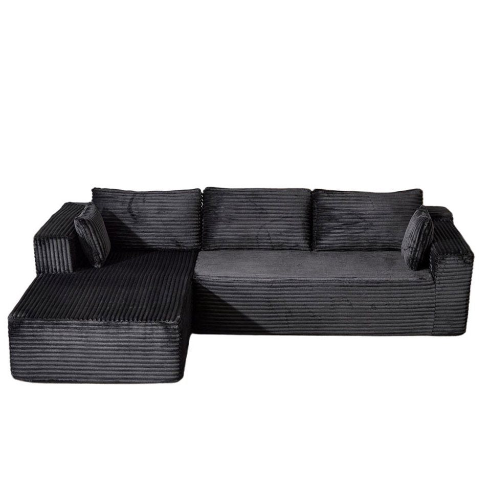 Cord Ecksofa ORVANE in Schwarz in L-Form mit Hocker