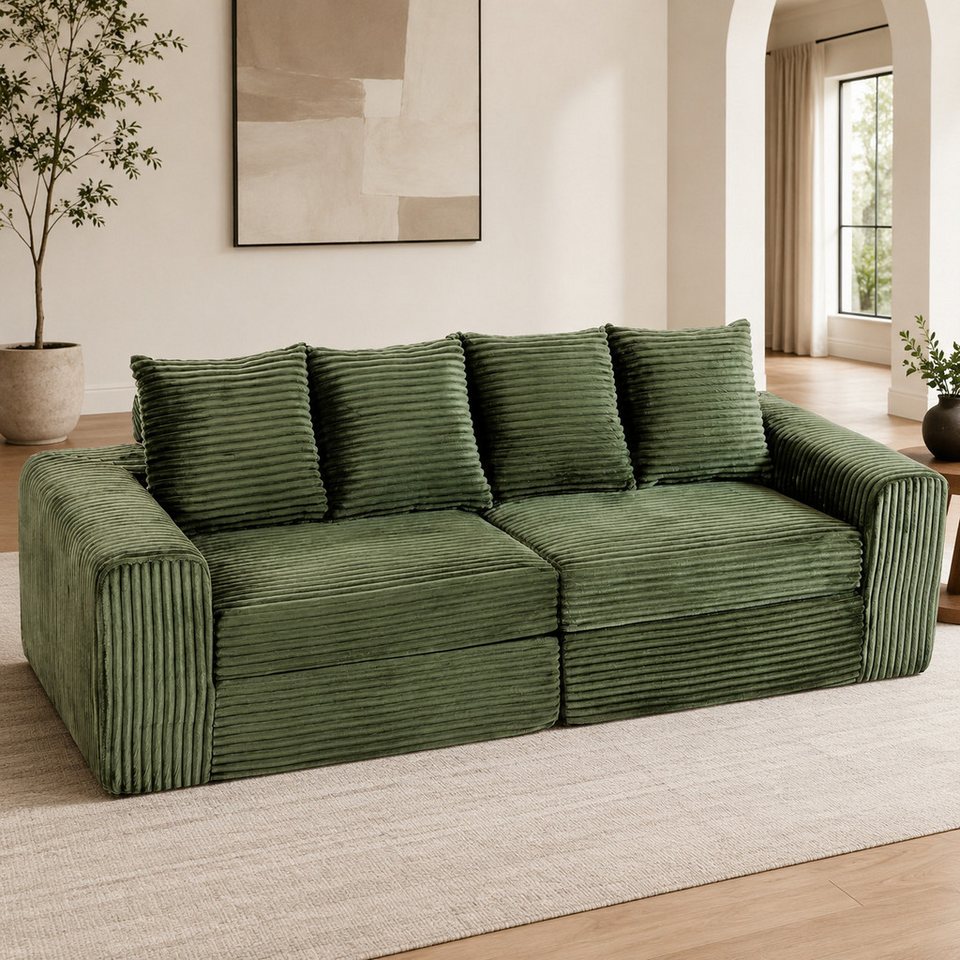 Cord Schlafsofa ORVANE 245 cm in Grün mit breiten Armlehnen