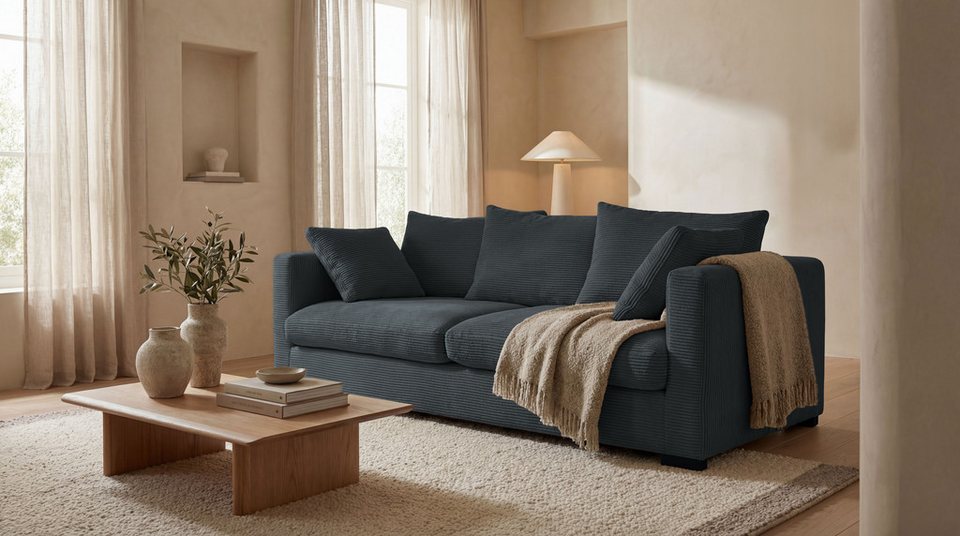 Cord Sofa CORAY 220 cm in Grau mit tiefer Sitzfläche