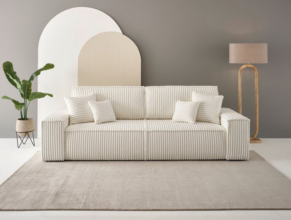 Cord Schlafsofa FINNLEY 257 cm in Hellbeige mit Bettkasten