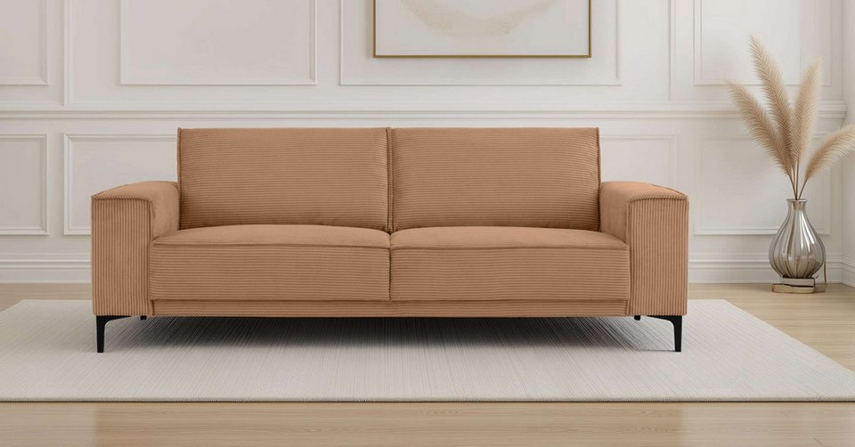 Cord Sofa OLAND 3-Sitzer in Hellbraun von vorne