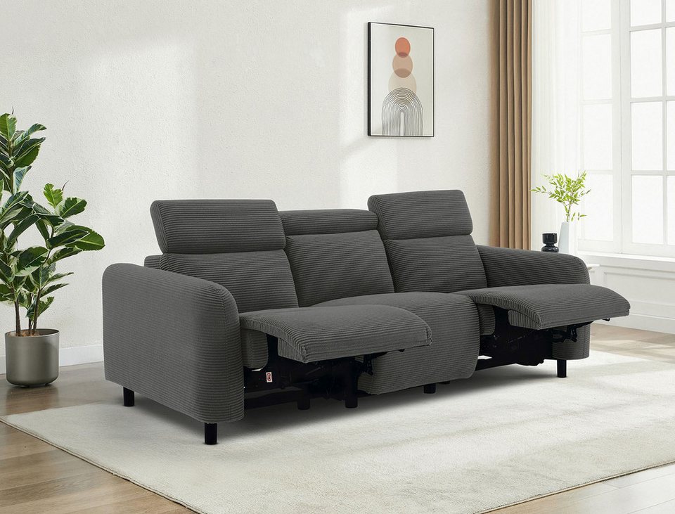 Cord Sofa SKAANE in Anthrazit mit Relaxfunktion 229 cm breit